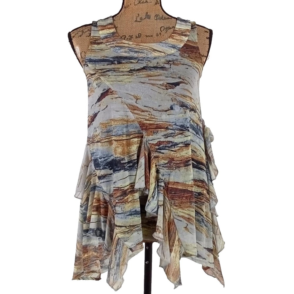 Vivienne Tam Mesh Top‎ Size XS Watercolor Ruffle Asymmetrical Hem Lined Stretch